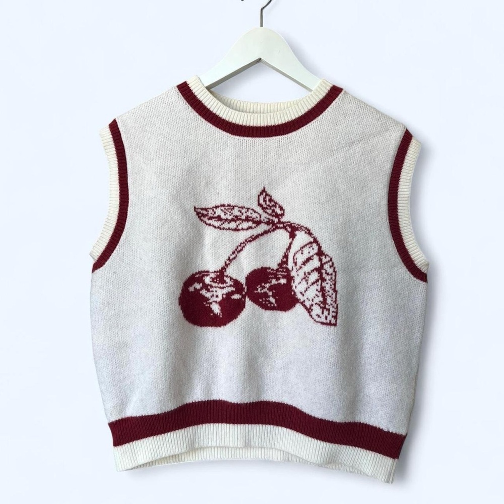Red and Cream Knit Cherry Sweater Vest